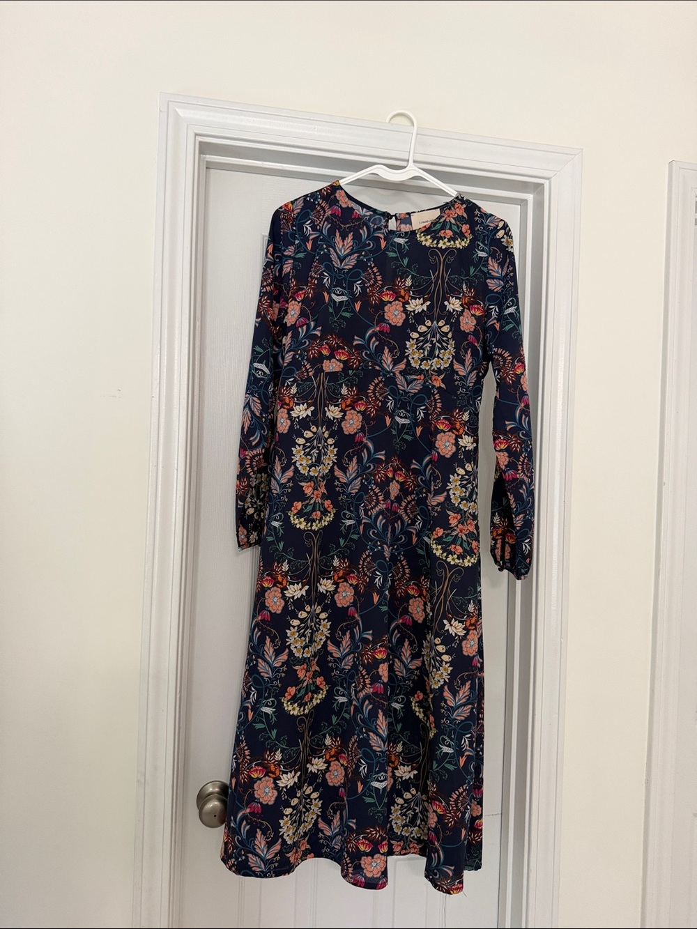 Navy Floral Long-Sleeve Midi Dress